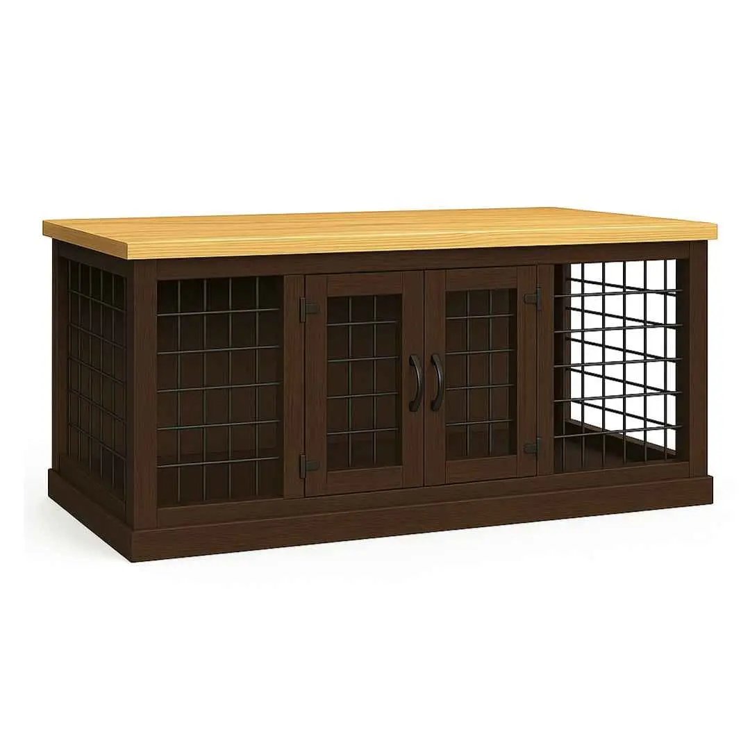 The DUO – Espresso Hinged Style Double Wooden Dog Crate With Mesh image 3