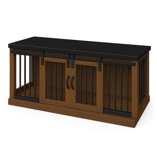 The DUO – Espresso Barn Door Style Double Wooden Dog Crate With Bars image 0