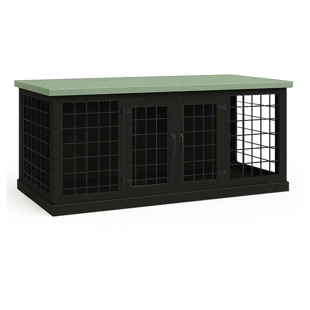 The DUO – Night Sky Hinged Style Double Wooden Dog Crate With Mesh - Sage image