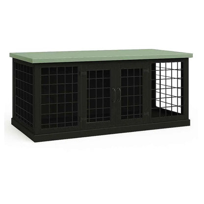 The DUO – Night Sky Hinged Style Double Wooden Dog Crate With Mesh - Sage image