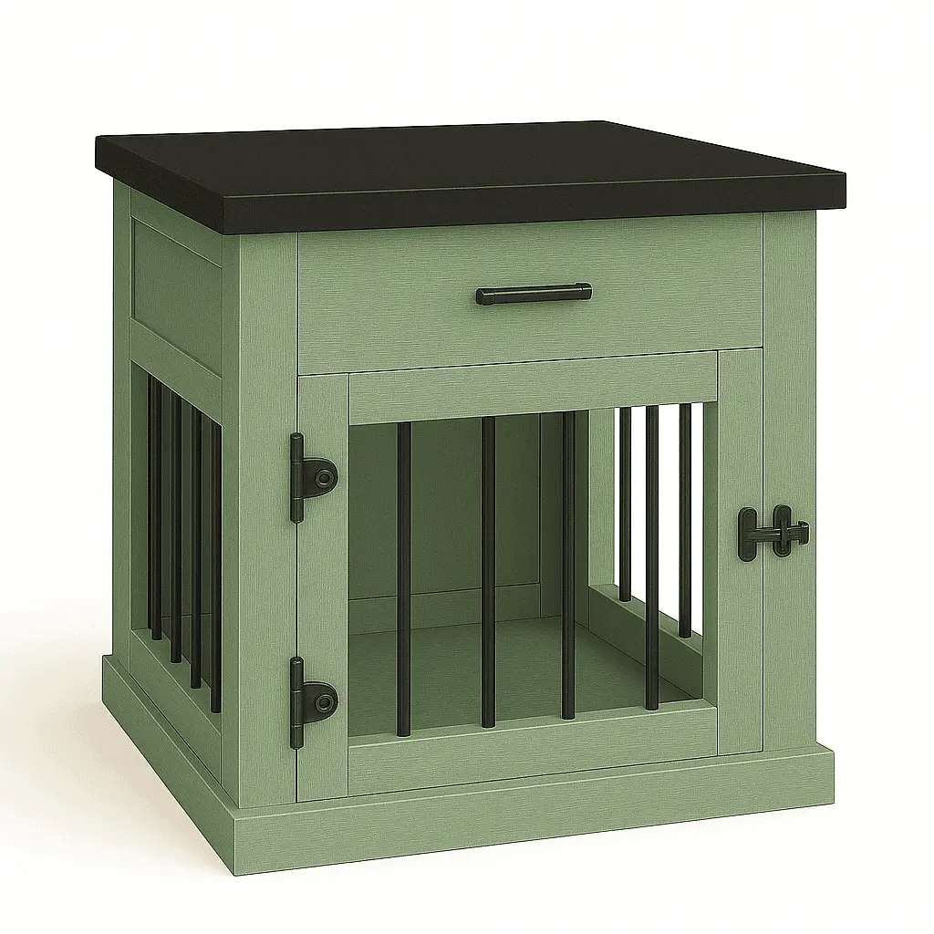 The Den - SAGE Coloured Bedside Dog Crate with Bars & Hinged Door with Drawer - Night Sky image