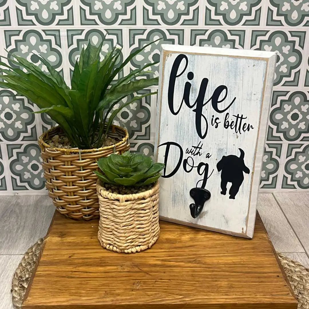 "Life Is Better With a Dog" Wooden Leash Hook Sign image 1