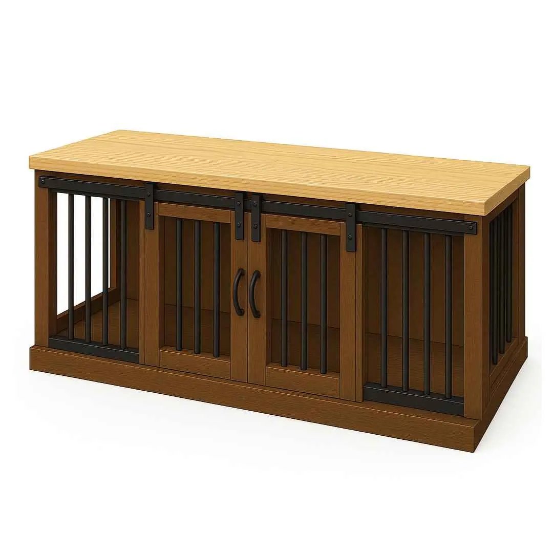 The DUO – Espresso Barn Door Style Double Wooden Dog Crate With Bars image 5