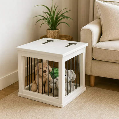 White pet crate with stuffed animals inside, placed on a carpeted floor next to a beige couch.