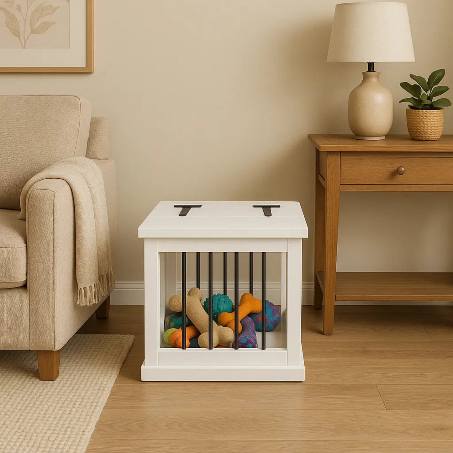 White pet crate with colorful toys inside in a living room setting.