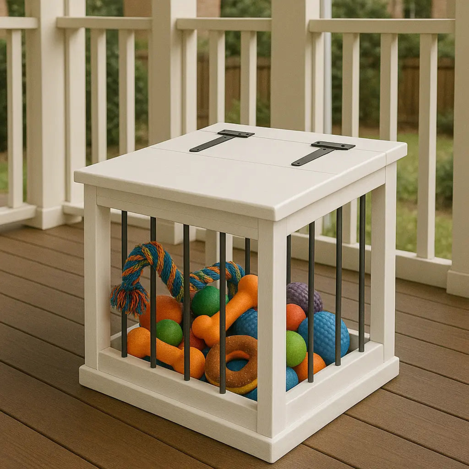 White storage box with pet toys on a wooden deck