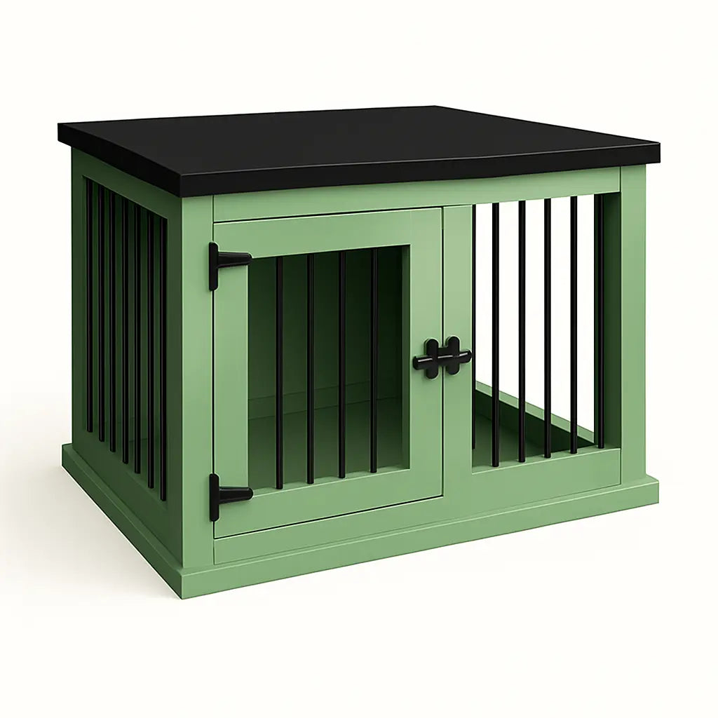 The Studio -Hinged Sage Single Wooden Dog Crate with Bars Paws and Willow