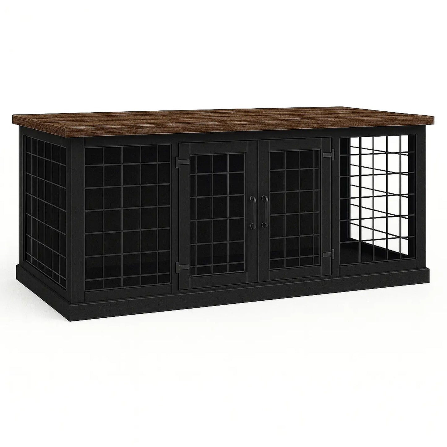 Black storage cabinet with wooden top on a white background