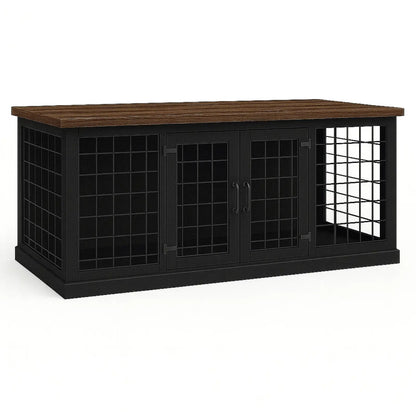 Black storage cabinet with wooden top on a white background