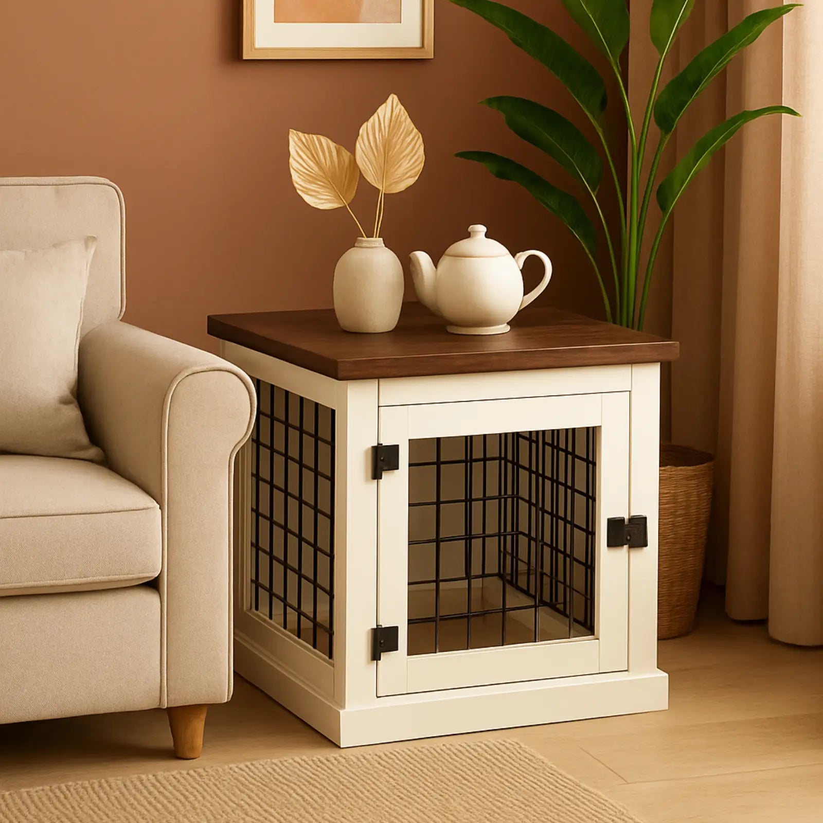 White pet crate with wooden top in a living room setting