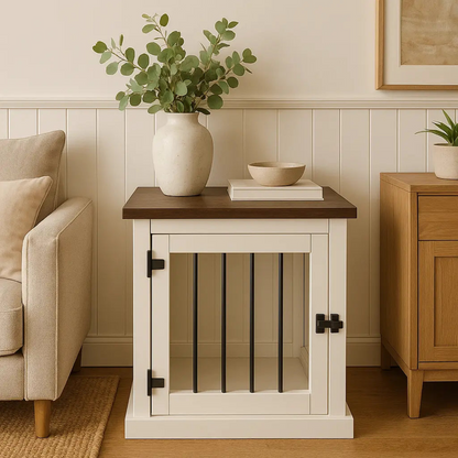 White side table with wooden top in a living room setting