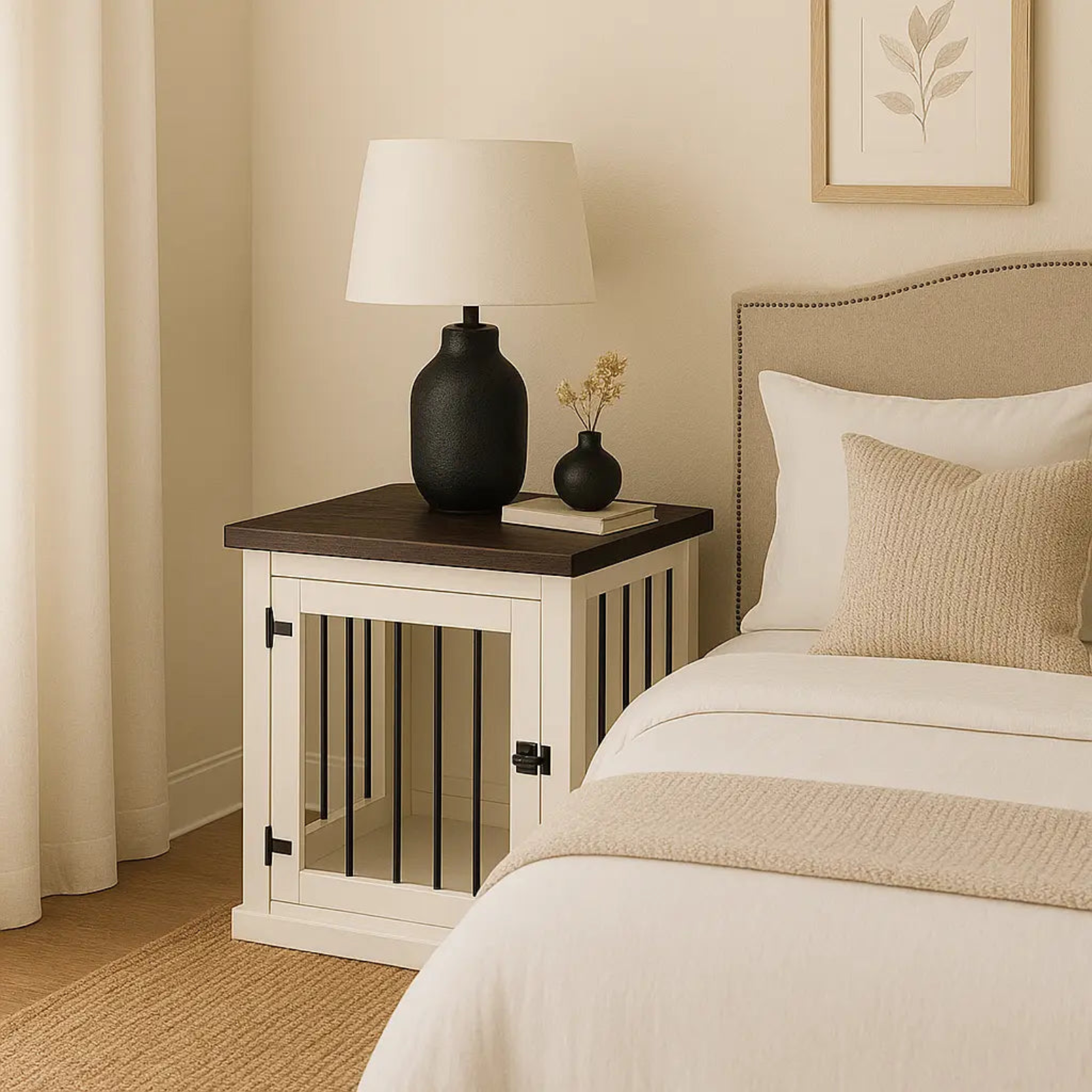 White nightstand with dark wood top next to a bed in a bedroom setting.