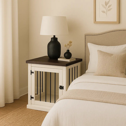 White nightstand with dark wood top next to a bed in a bedroom setting.