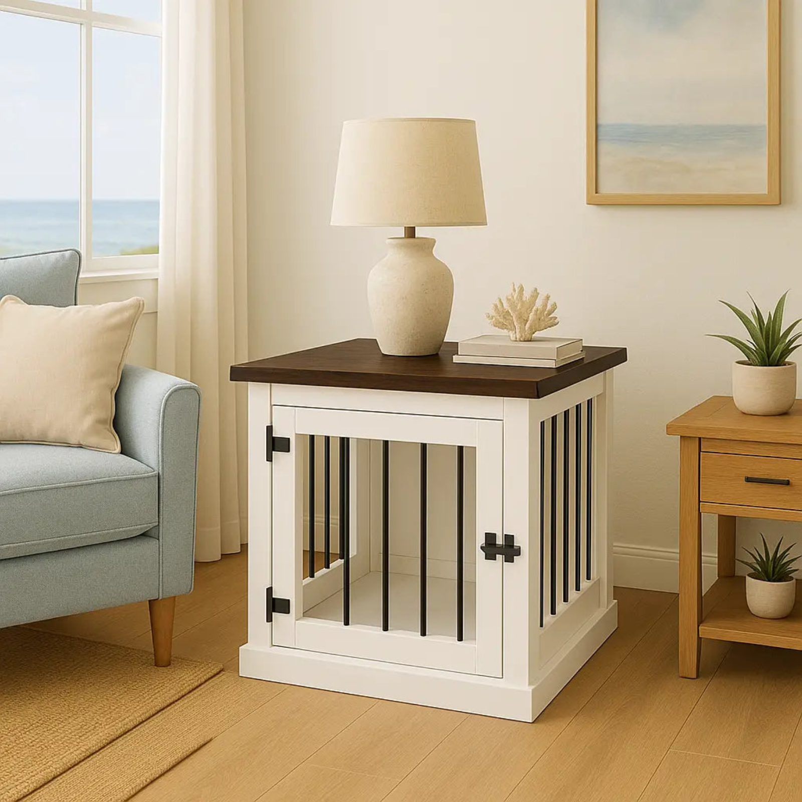 White pet crate with wooden top in a living room setting