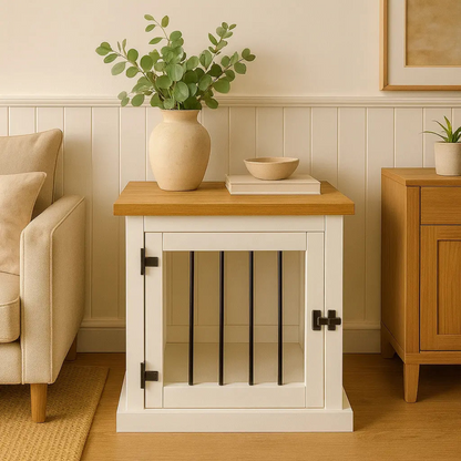 White cabinet with wooden top in a living room setting