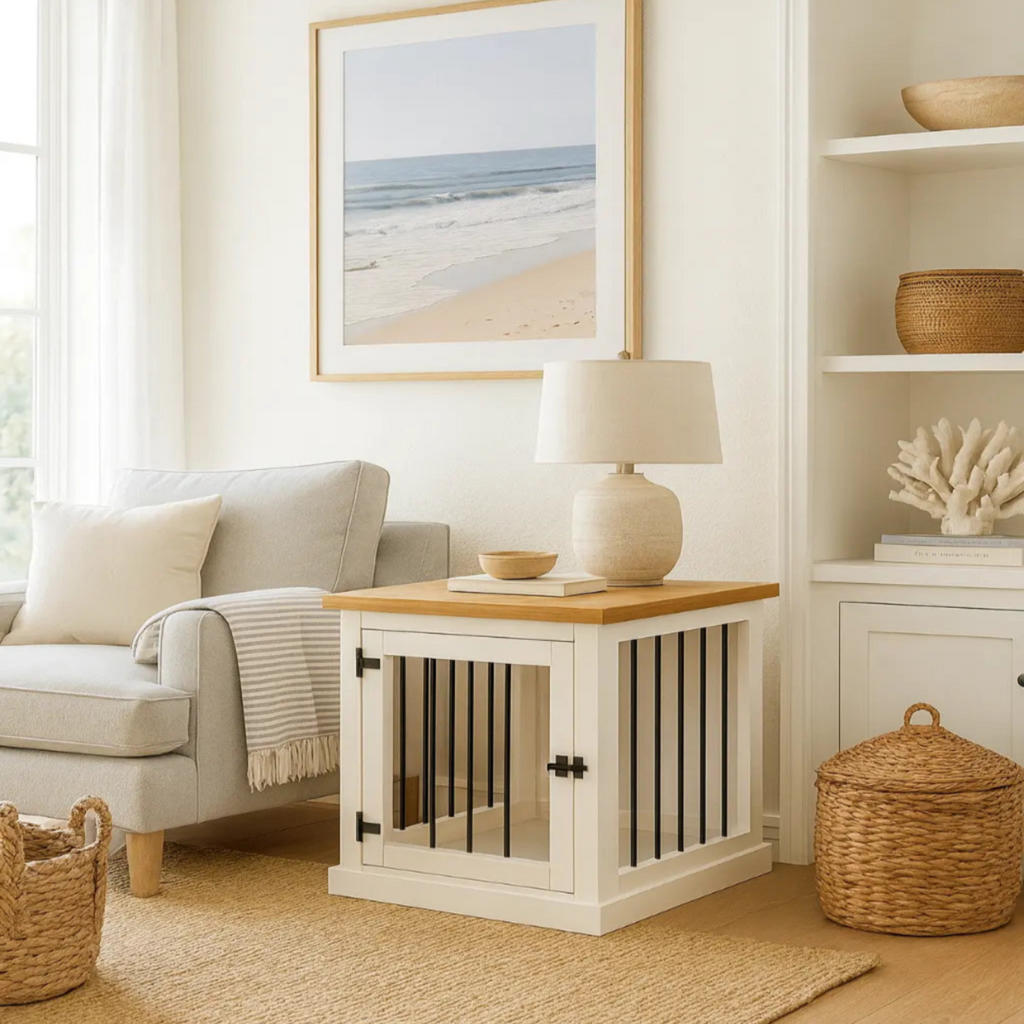 Living room with a white dog crate side table, lamp, and decor items.