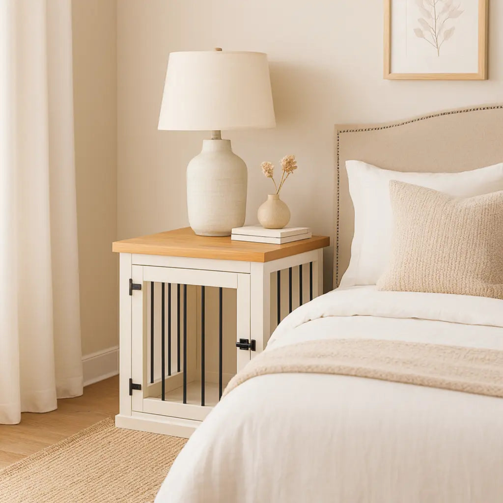 Bedroom with a nightstand featuring a pet crate design, lamp, and decorative items.