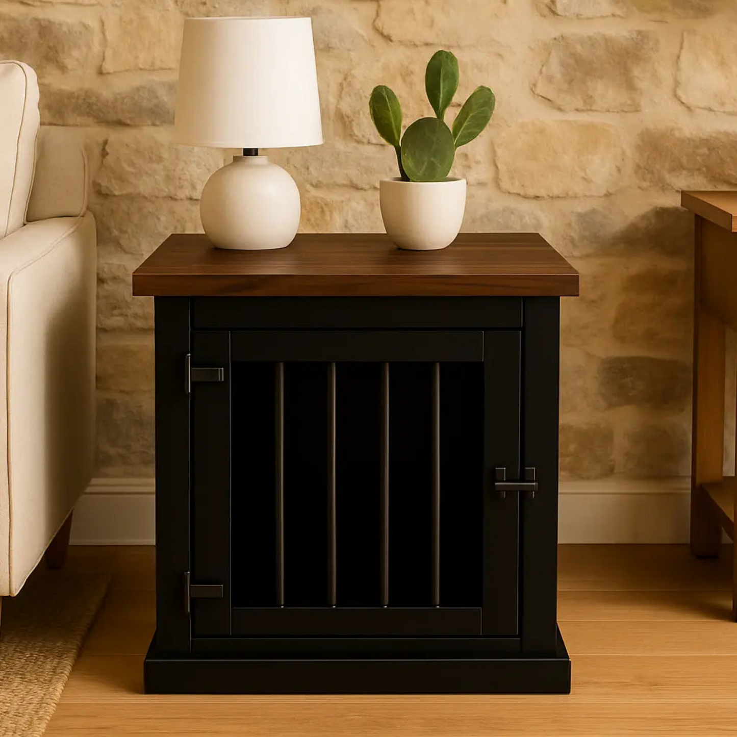 Black wooden side table with a white lamp and potted plant against a stone wall.