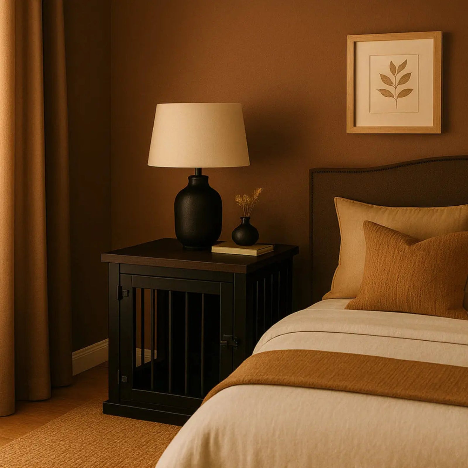 Cozy bedroom with brown walls, a bed with pillows and blanket, and a nightstand with lamp.