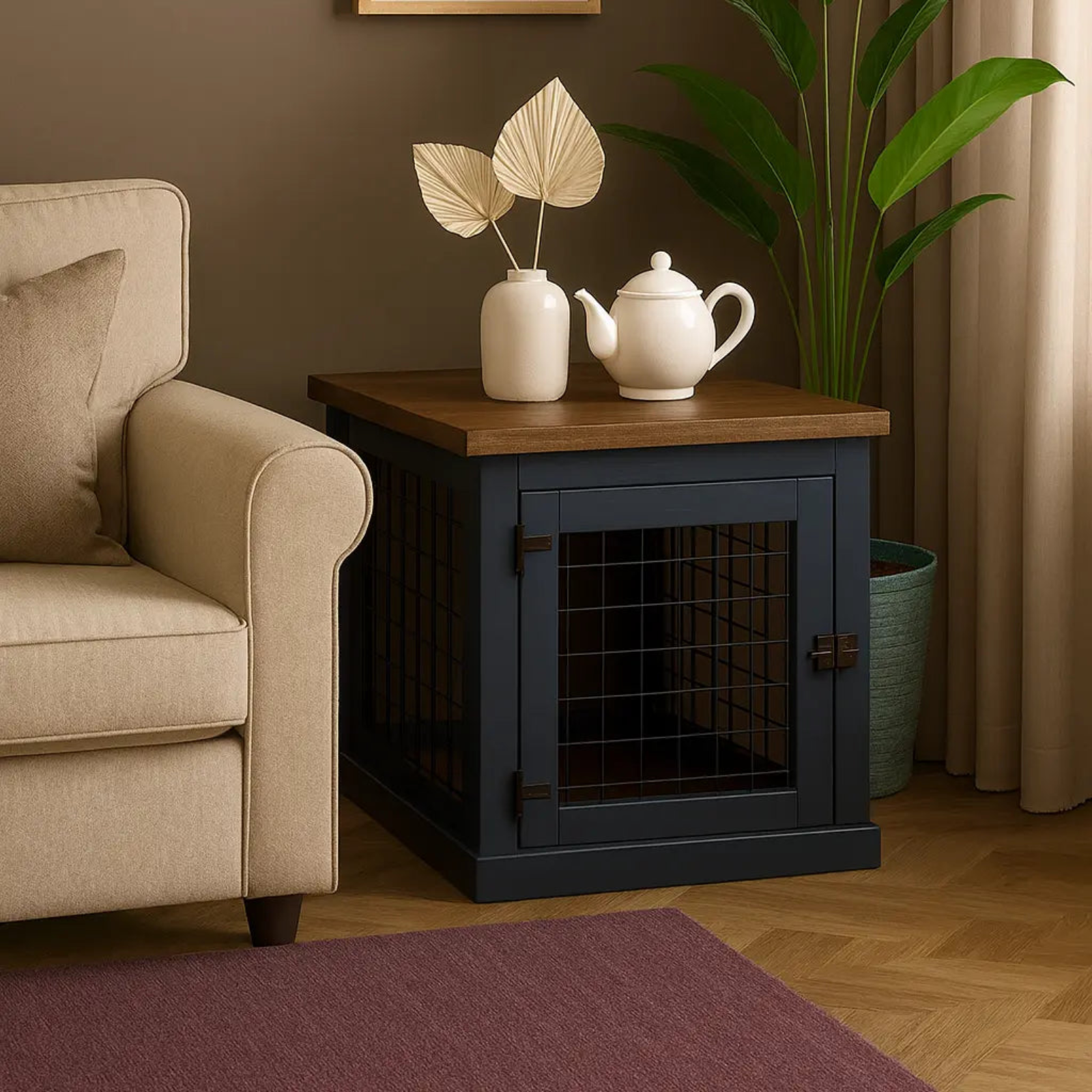 Night sky pet crate with wooden top in a living room setting