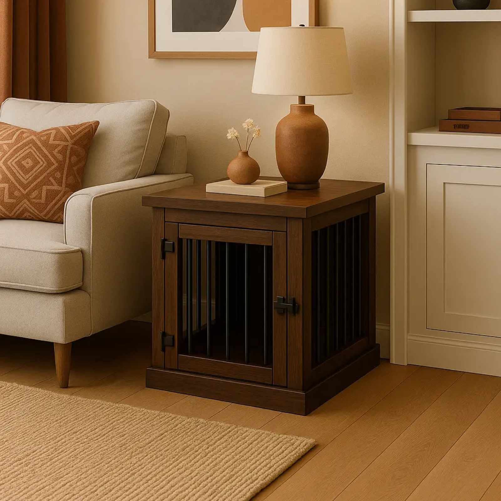 Wooden pet crate side table in a living room setting with a lamp and decor items.