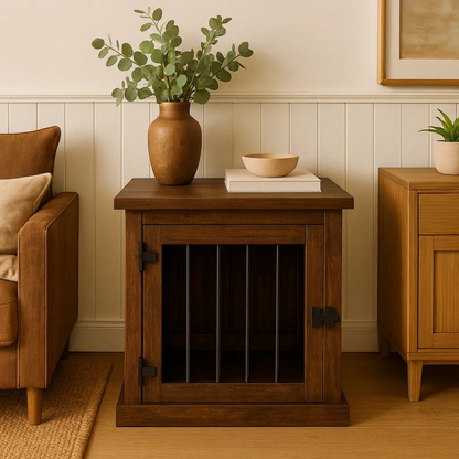 Wooden side table with a vase and books in a cozy living room setting.