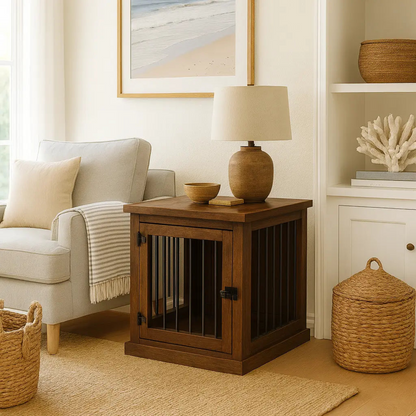 Wooden pet crate side table in a living room setting with a lamp and decor items.