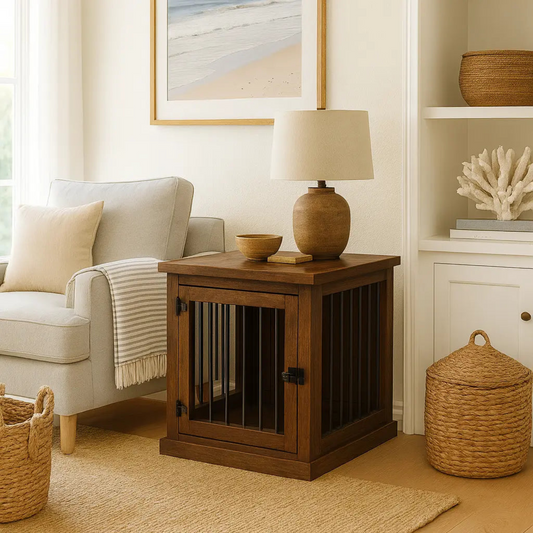 Wooden pet crate side table in a living room setting with a lamp and decor items.