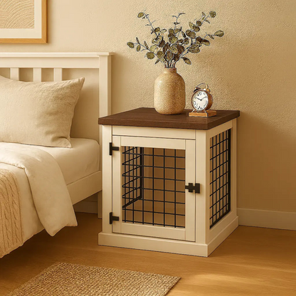 Wooden pet crate with wire door on a wooden side table next to a bed.