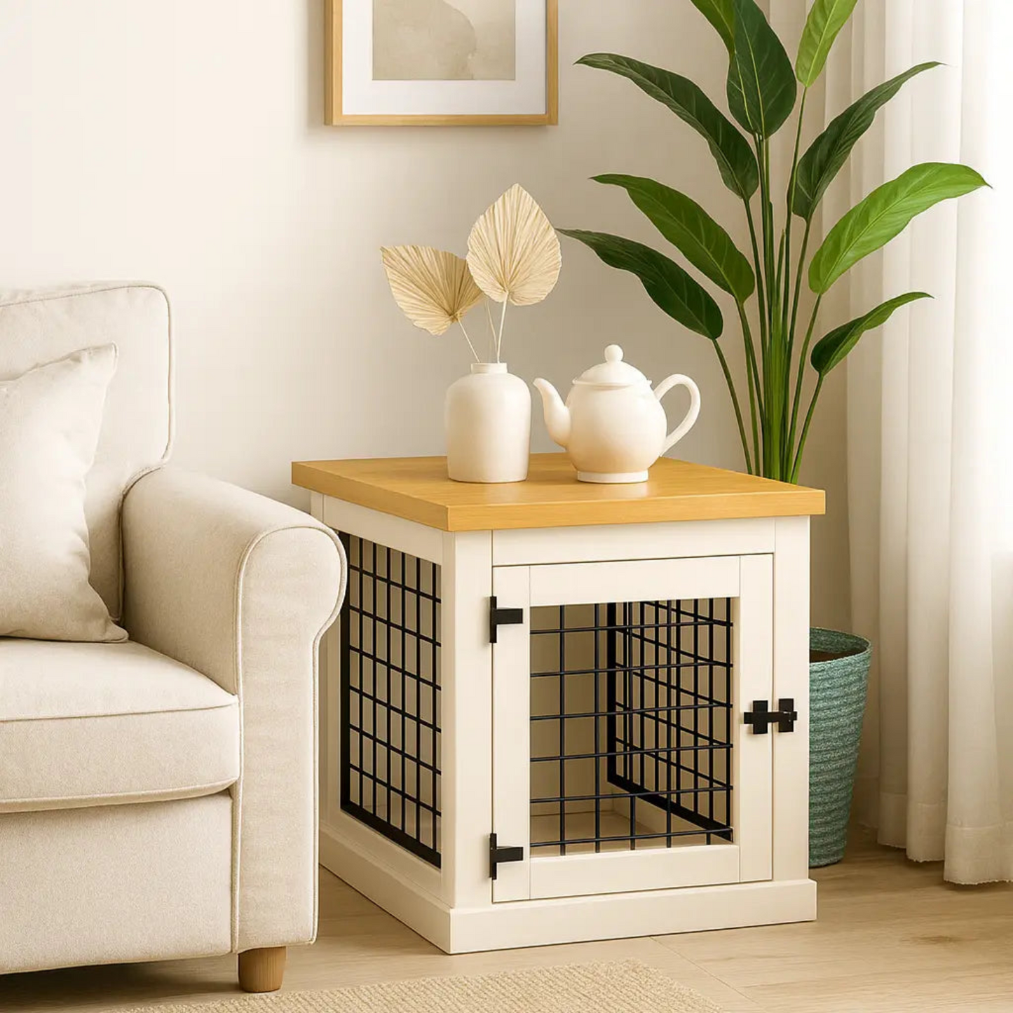 White pet crate with wooden top in a living room setting