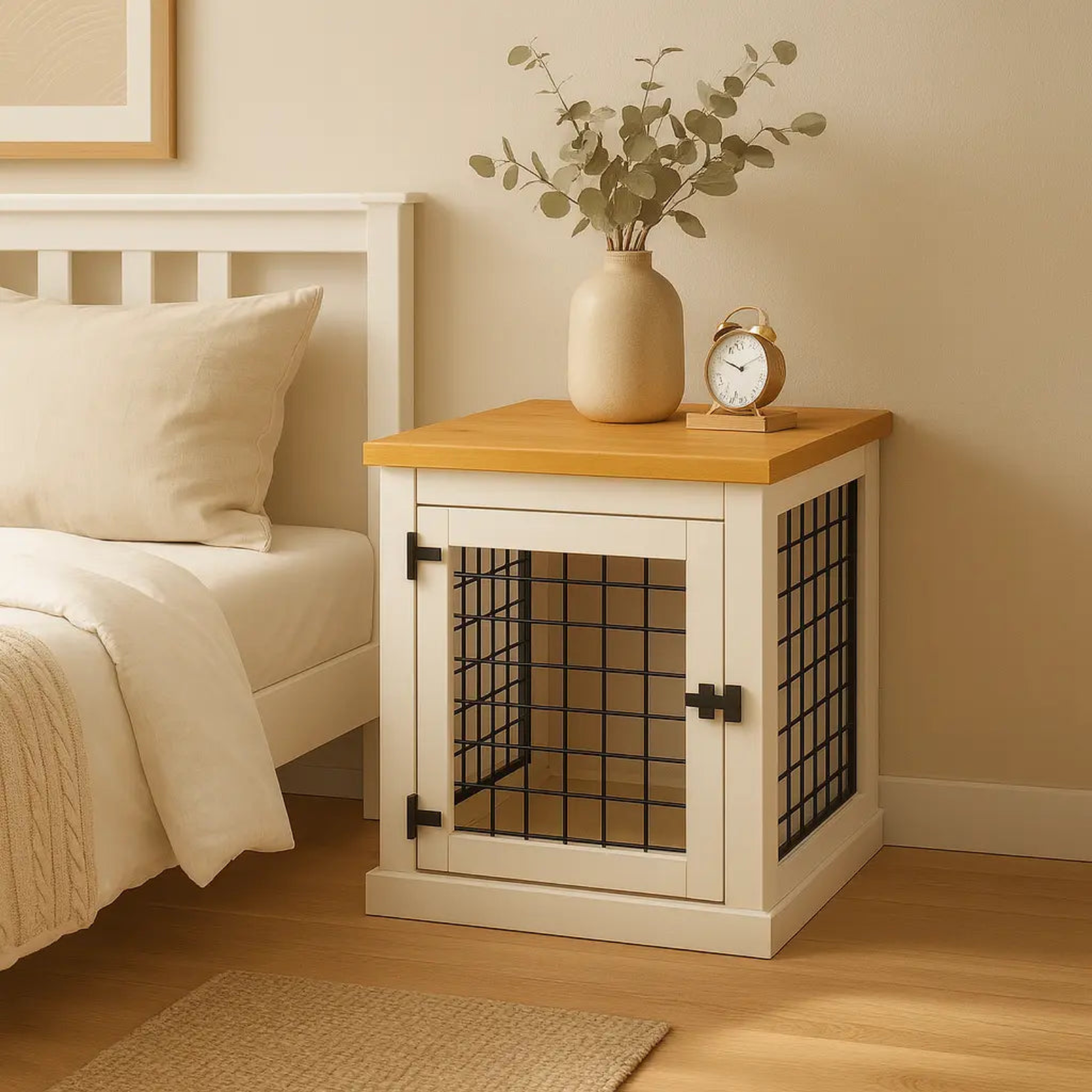 Wooden pet crate with grid design on a wooden side table next to a bed.