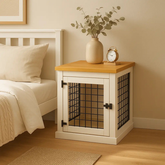Wooden pet crate with grid design on a wooden side table next to a bed.