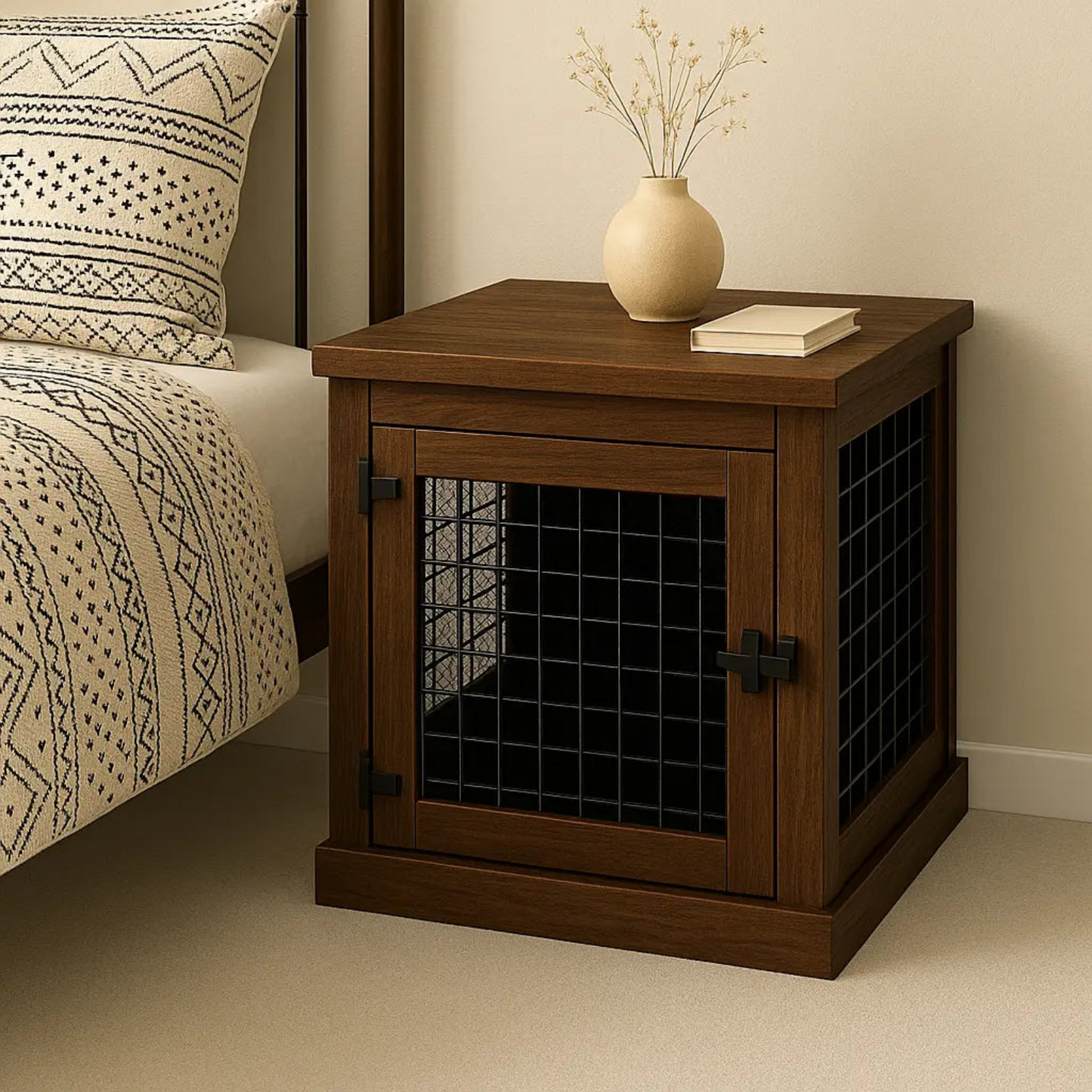 Wooden pet crate with a glass door next to a bed with patterned bedding.