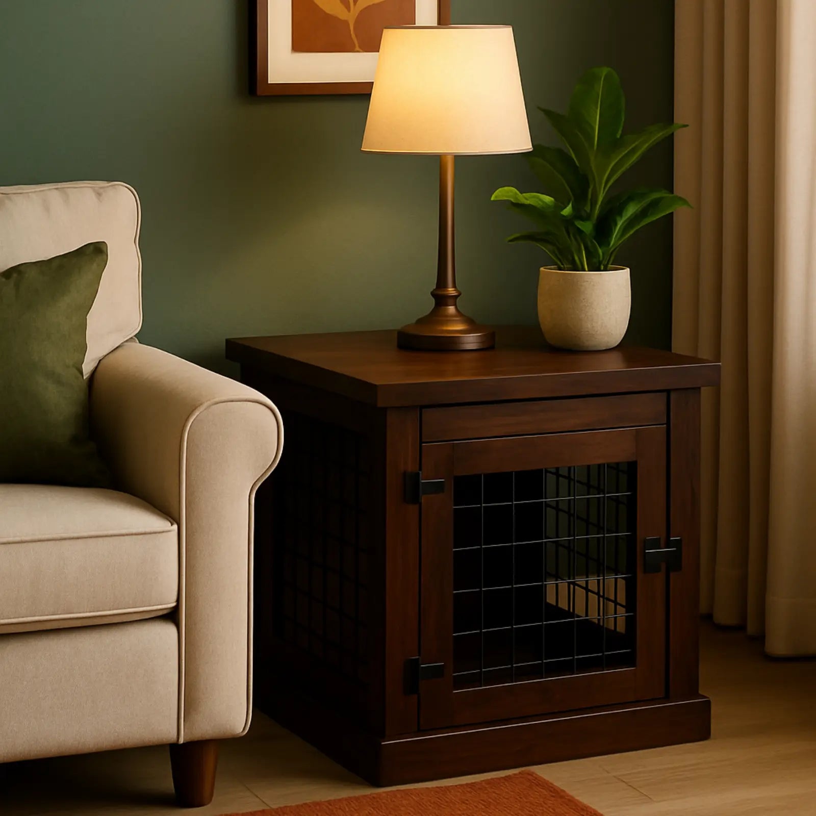 Wooden pet crate with wire door next to a beige armchair and lamp in a room.