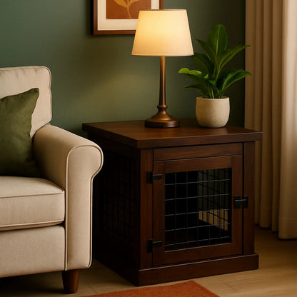 Wooden pet crate with wire door next to a beige armchair and lamp in a room.