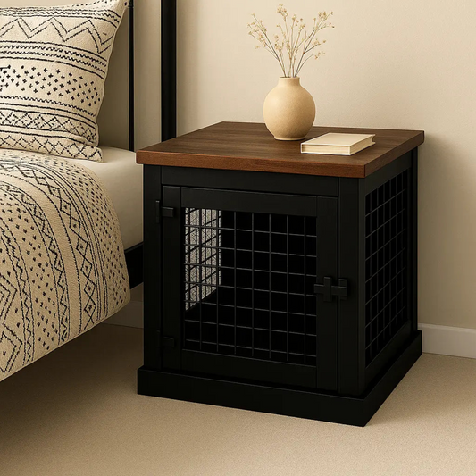 Black metal crate-style end table with wooden top next to a bed