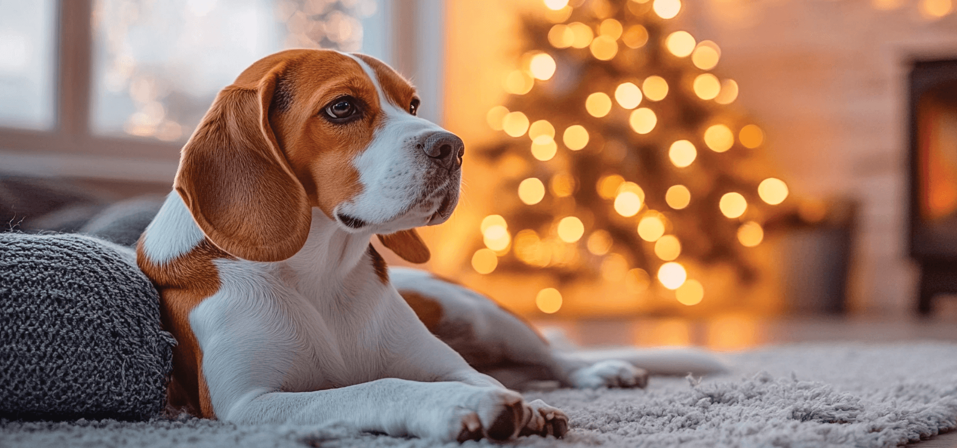 Dog lying on a carpet with a blurred Christmas tree and fireplace in the background who is wishing they had a Paws and Willow Custom Dog Crate.