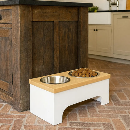 Pet feeding station with elevated bowls in a kitchen setting