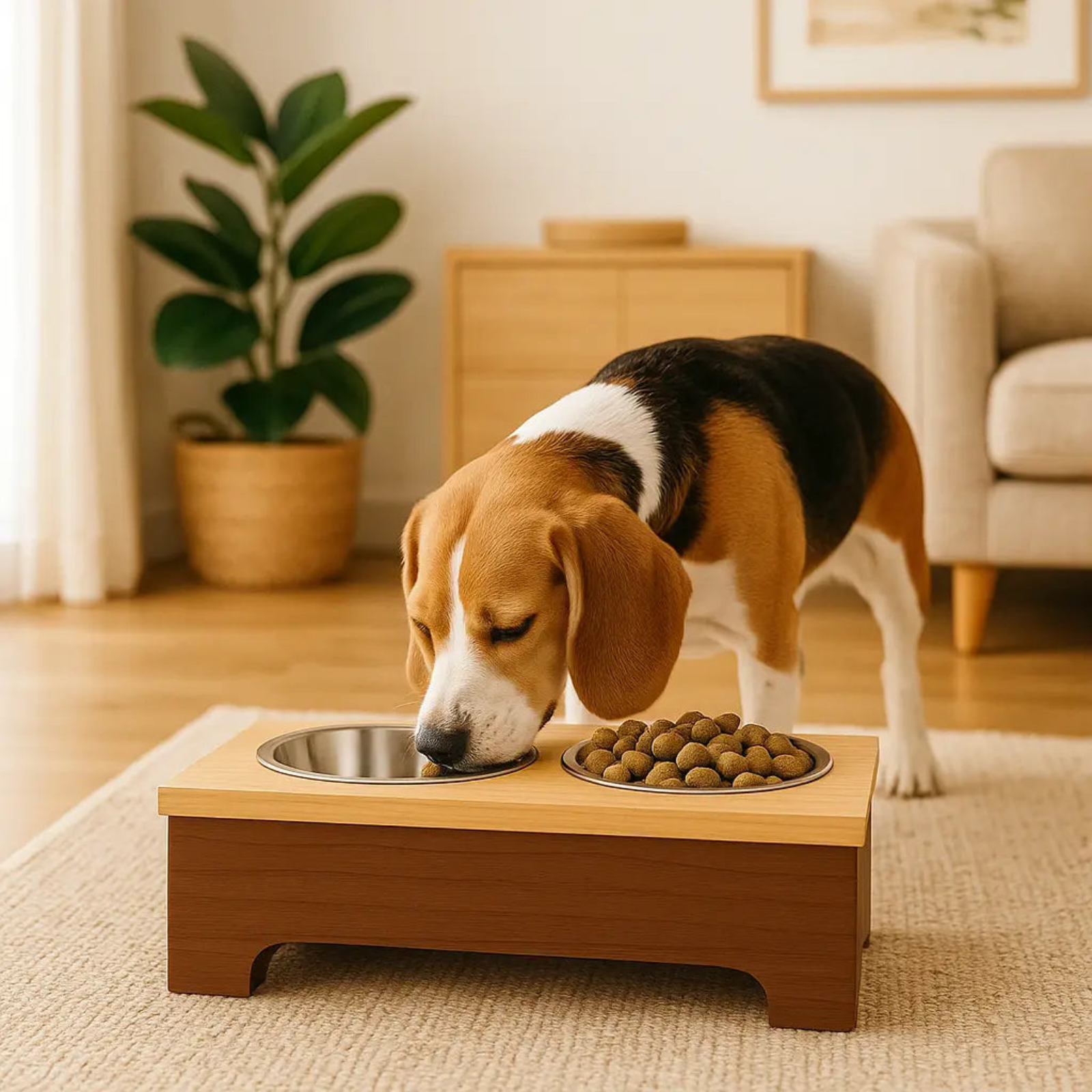 Dog eating from a elevated wooden food station in a home setting.