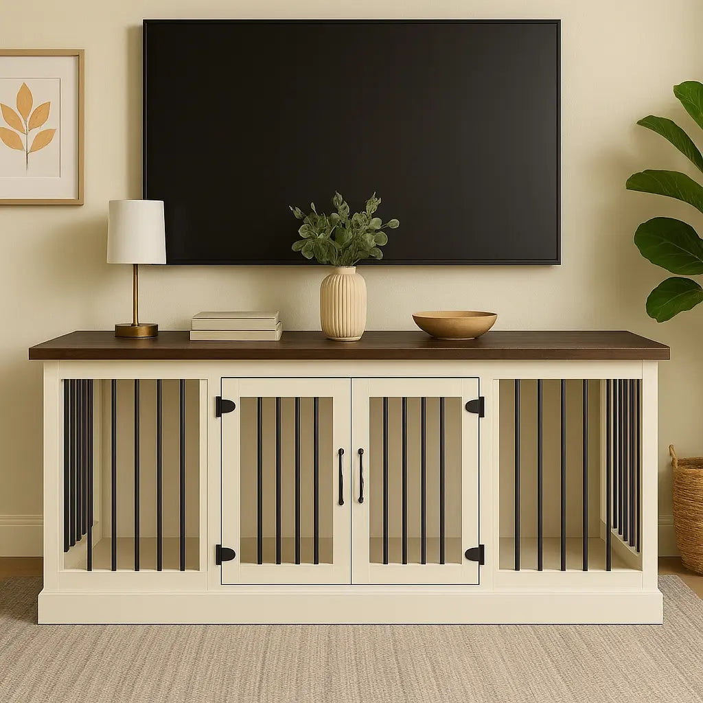 The DUO – Arctic Hinged Double Wooden Dog Crate With Bars Paws and Willow