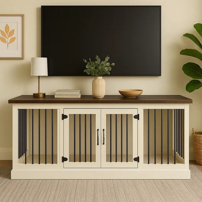 The DUO – Arctic Hinged Double Wooden Dog Crate With Bars Paws and Willow