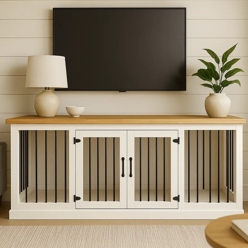 The DUO – Arctic Hinged Double Wooden Dog Crate With Bars Paws and Willow