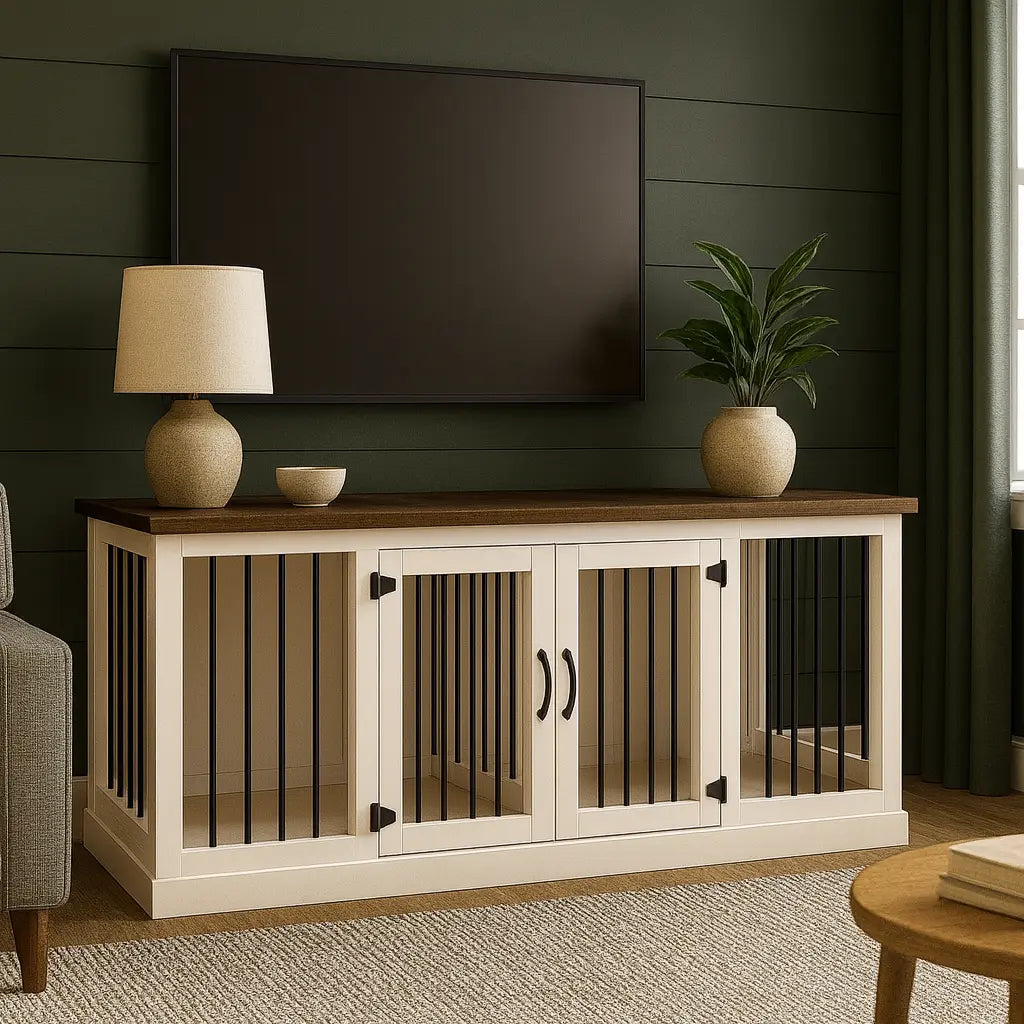 The DUO – Arctic Hinged Double Wooden Dog Crate With Bars Paws and Willow