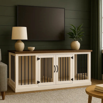 The DUO – Arctic Hinged Double Wooden Dog Crate With Bars Paws and Willow