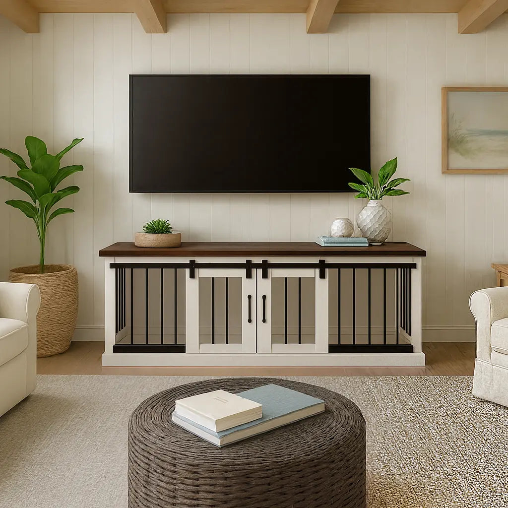 The DUO – Arctic Barn Door Style Double Wooden Dog Crate With Bars Paws and Willow