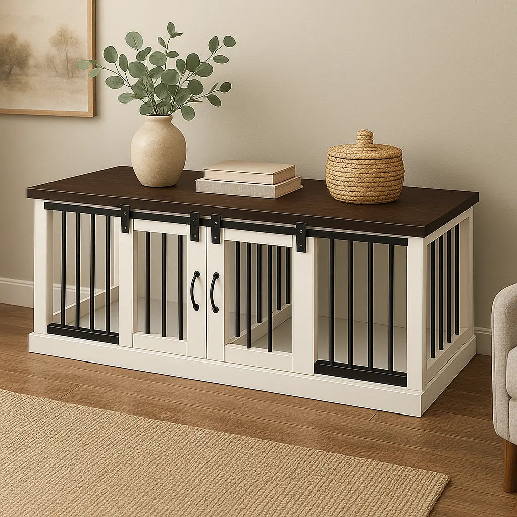 The DUO – Arctic Barn Door Style Double Wooden Dog Crate With Bars Paws and Willow