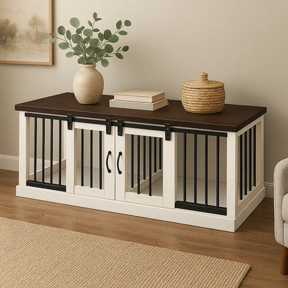 The DUO – Arctic Barn Door Style Double Wooden Dog Crate With Bars Paws and Willow