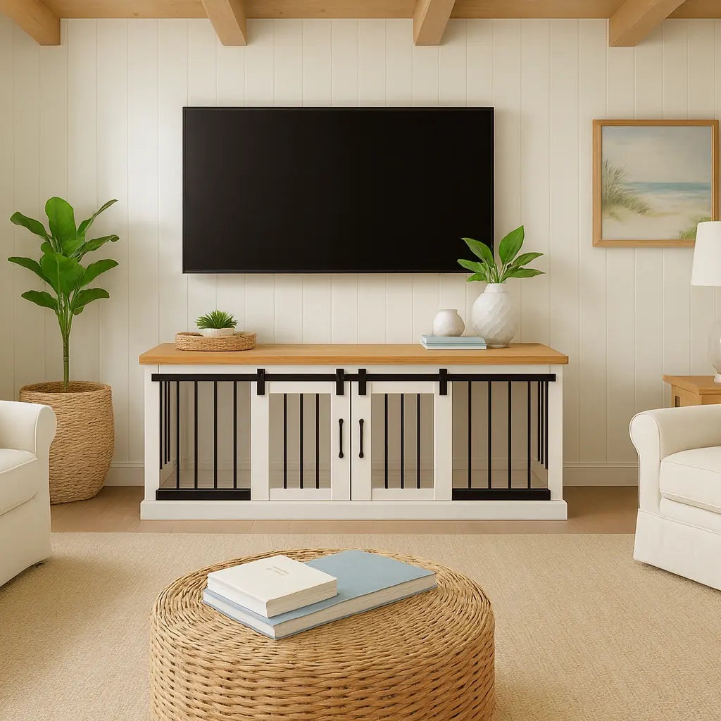 The DUO – Arctic Barn Door Style Double Wooden Dog Crate With Bars Paws and Willow