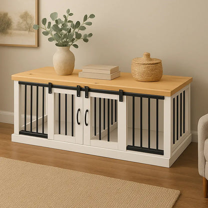 The DUO – Arctic Barn Door Style Double Wooden Dog Crate With Bars Paws and Willow