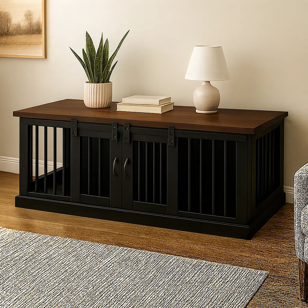 The DUO – Night Sky Barn Door Style Double Wooden Dog Crate With Bars Paws and Willow